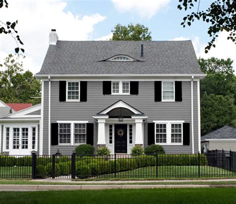 pics of gray houses with/ black metal roof and shutters|gray house exterior colors.